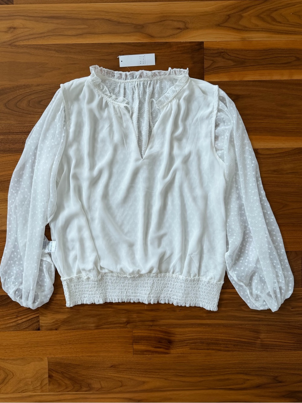 NWT White House Black Market Ecru Clip Dot Smocked Blouse Size L Peasant Ruffle - Picture 12 of 14